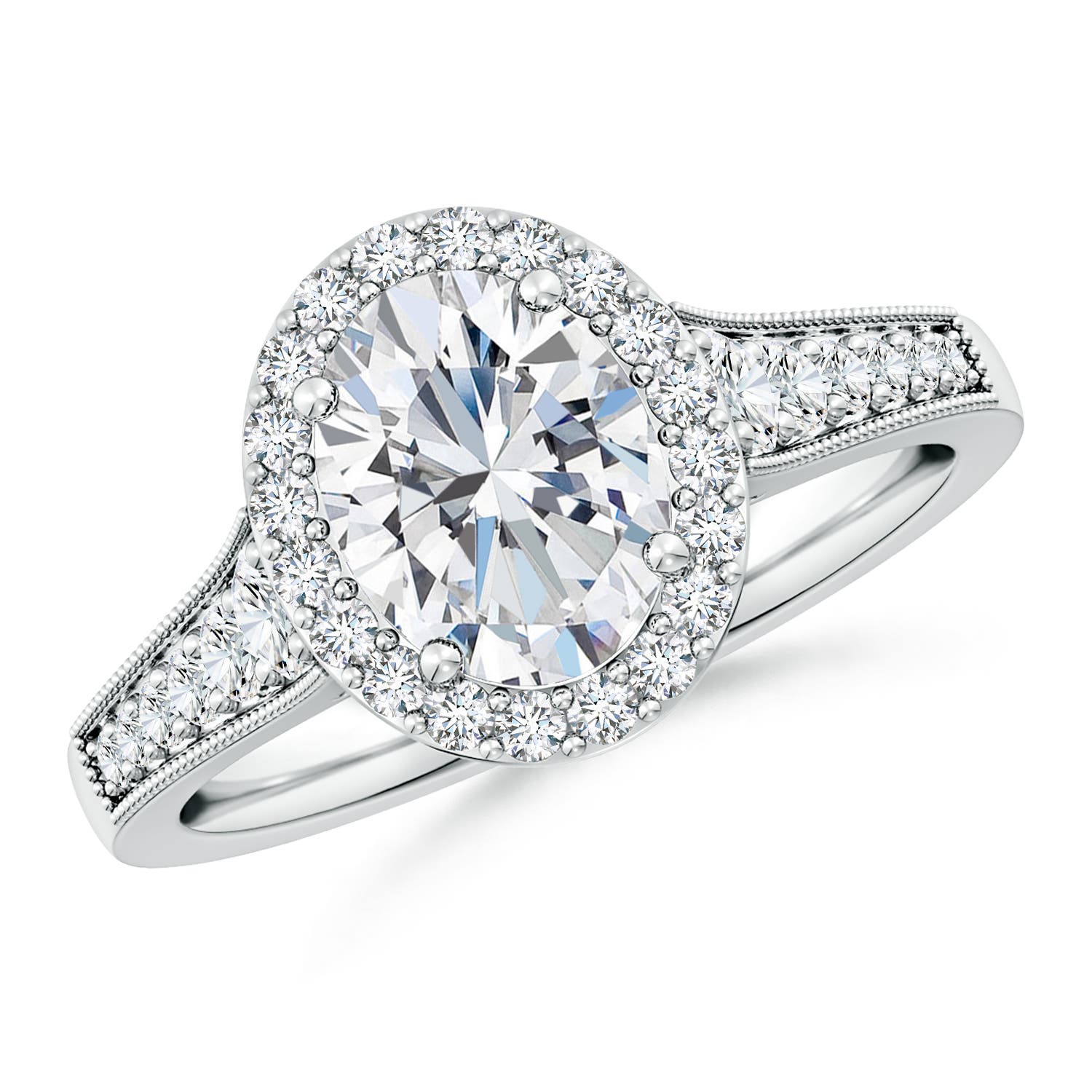 9x7mm FGVS Lab-Grown Oval Diamond Halo Engagement Ring with Milgrain in 18K White Gold