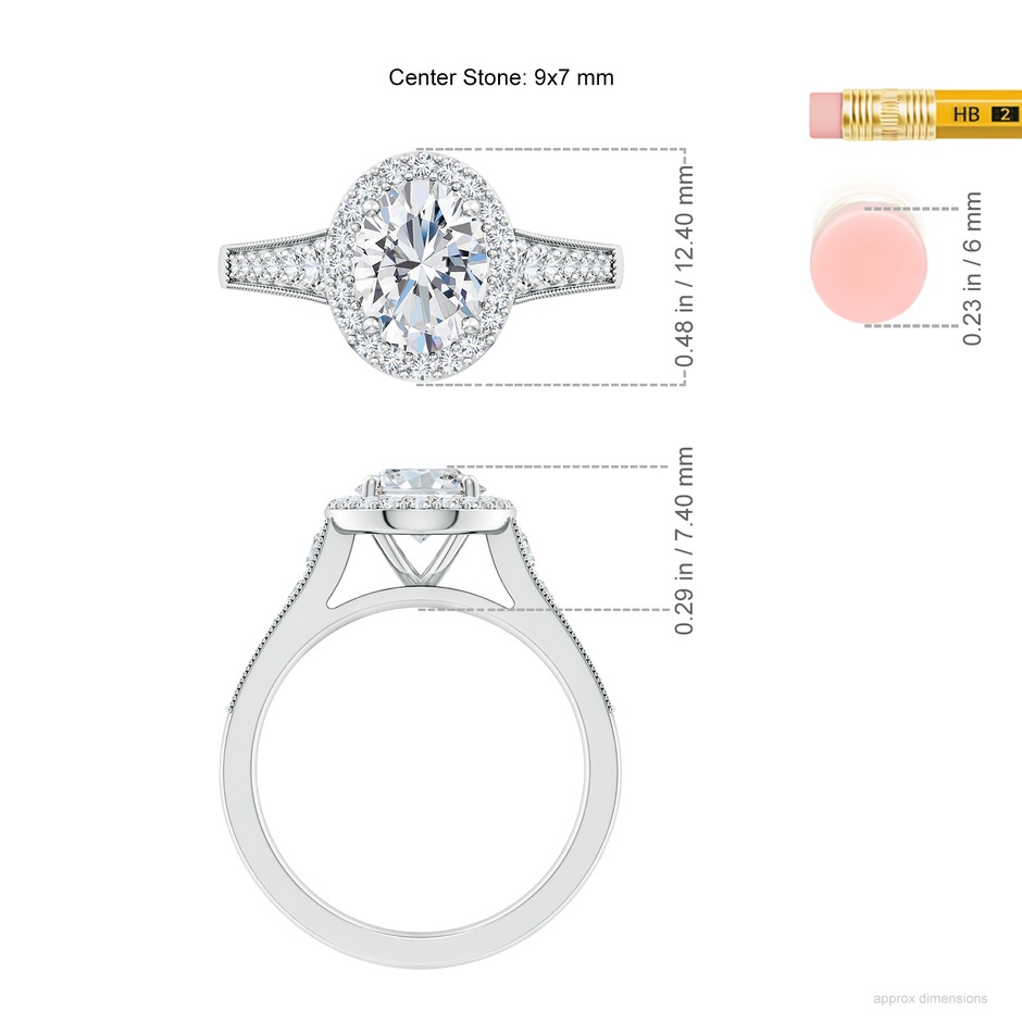 9x7mm FGVS Lab-Grown Oval Diamond Halo Engagement Ring with Milgrain in White Gold ruler