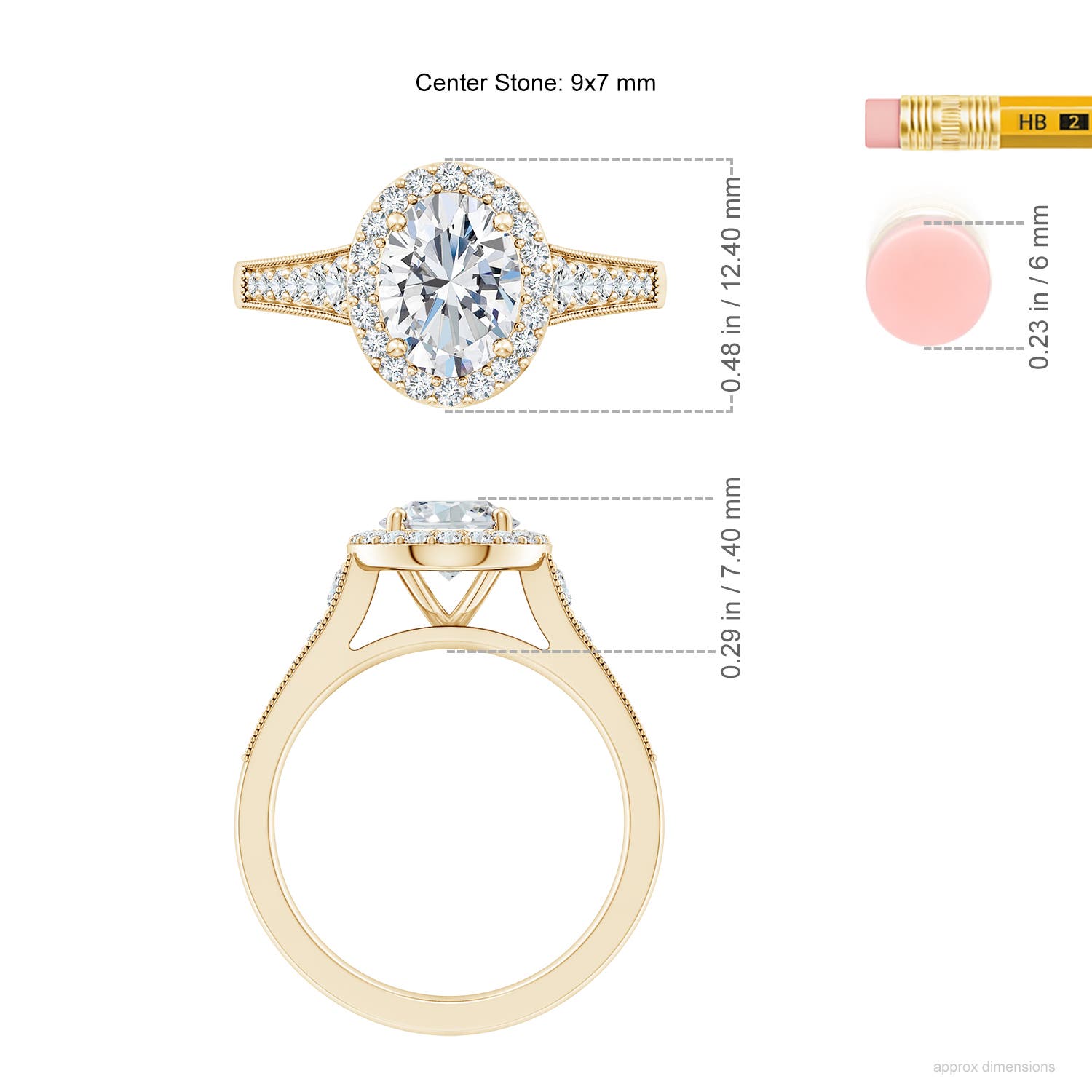 9x7mm FGVS Lab-Grown Oval Diamond Halo Engagement Ring with Milgrain in Yellow Gold - ruler