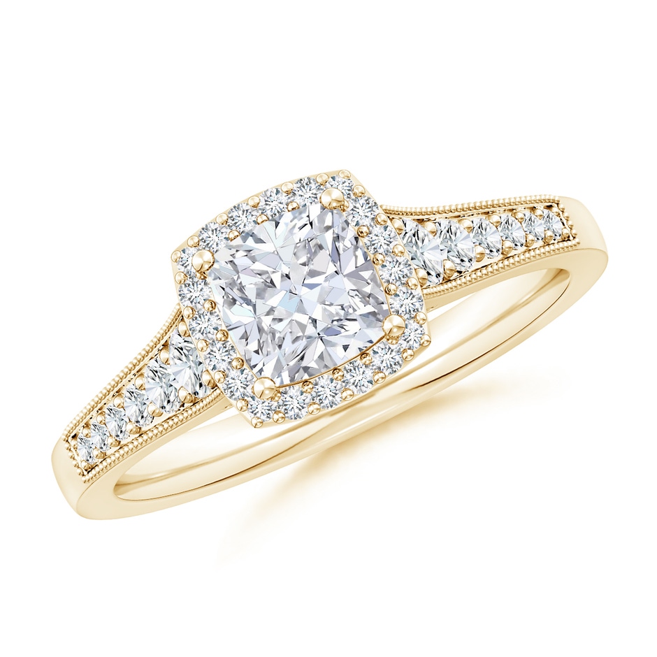 5.5mm FGVS Lab-Grown Cushion Diamond Halo Engagement Ring with Milgrain in Yellow Gold 