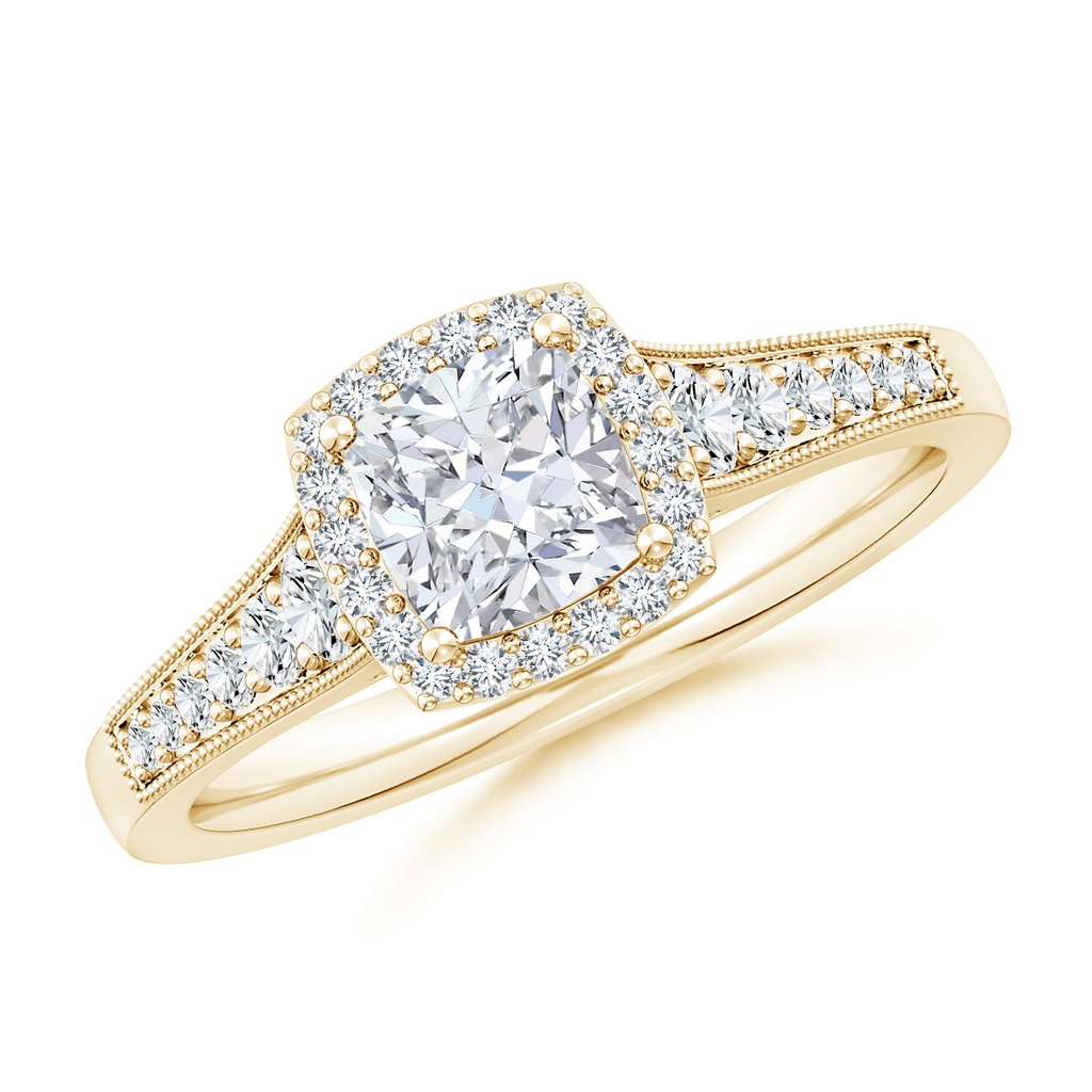 5.5mm FGVS Lab-Grown Cushion Diamond Halo Engagement Ring with Milgrain in Yellow Gold