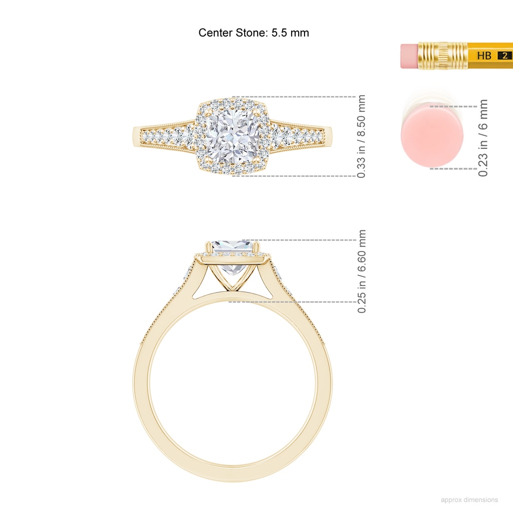 5.5mm FGVS Lab-Grown Cushion Diamond Halo Engagement Ring with Milgrain in Yellow Gold ruler