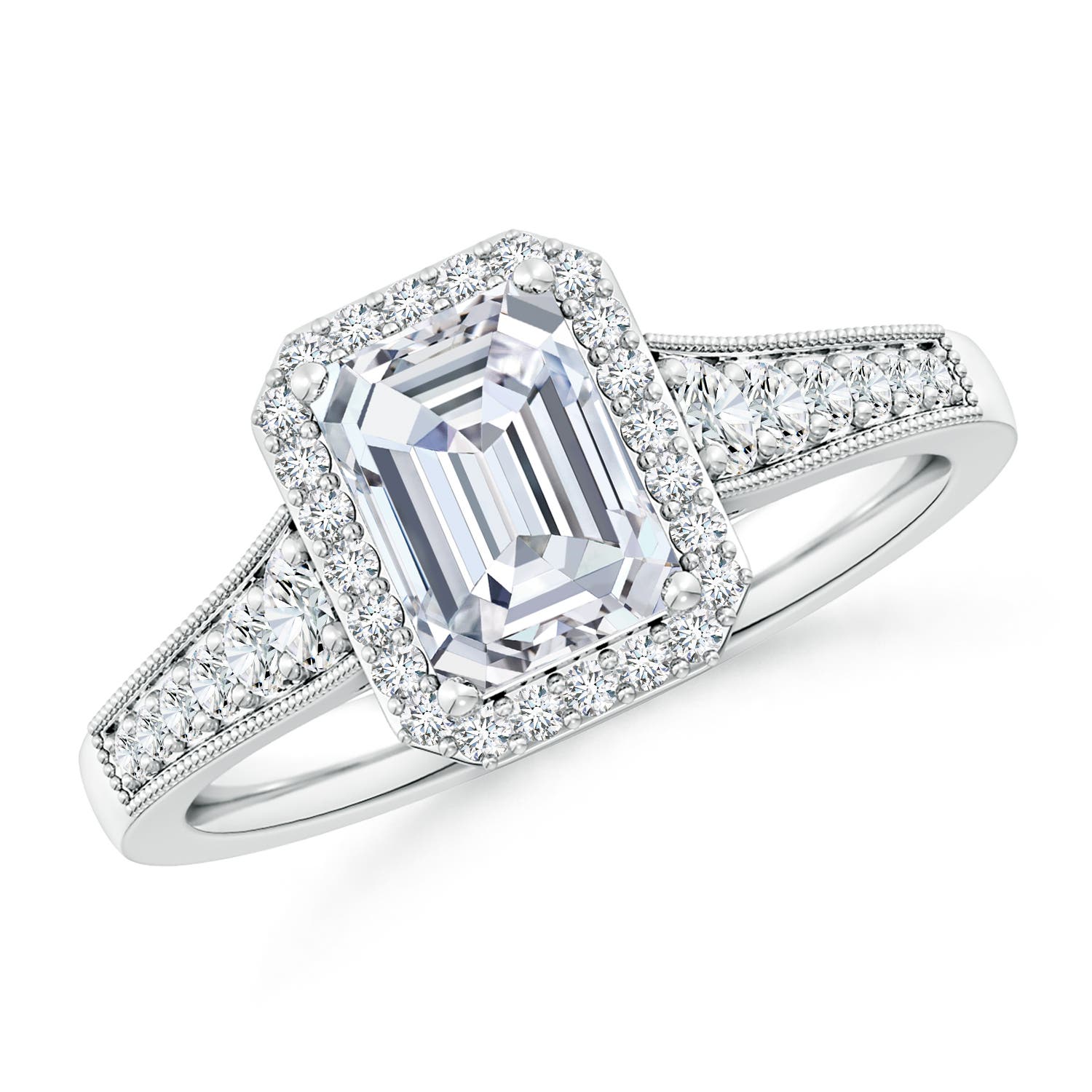 Lab-Grown Emerald-Cut Diamond Halo Engagement Ring with Milgrain