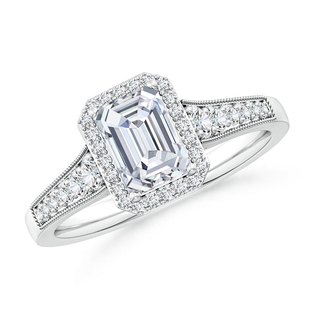 7x5mm FGVS Lab-Grown Emerald-Cut Diamond Halo Engagement Ring with Milgrain in White Gold