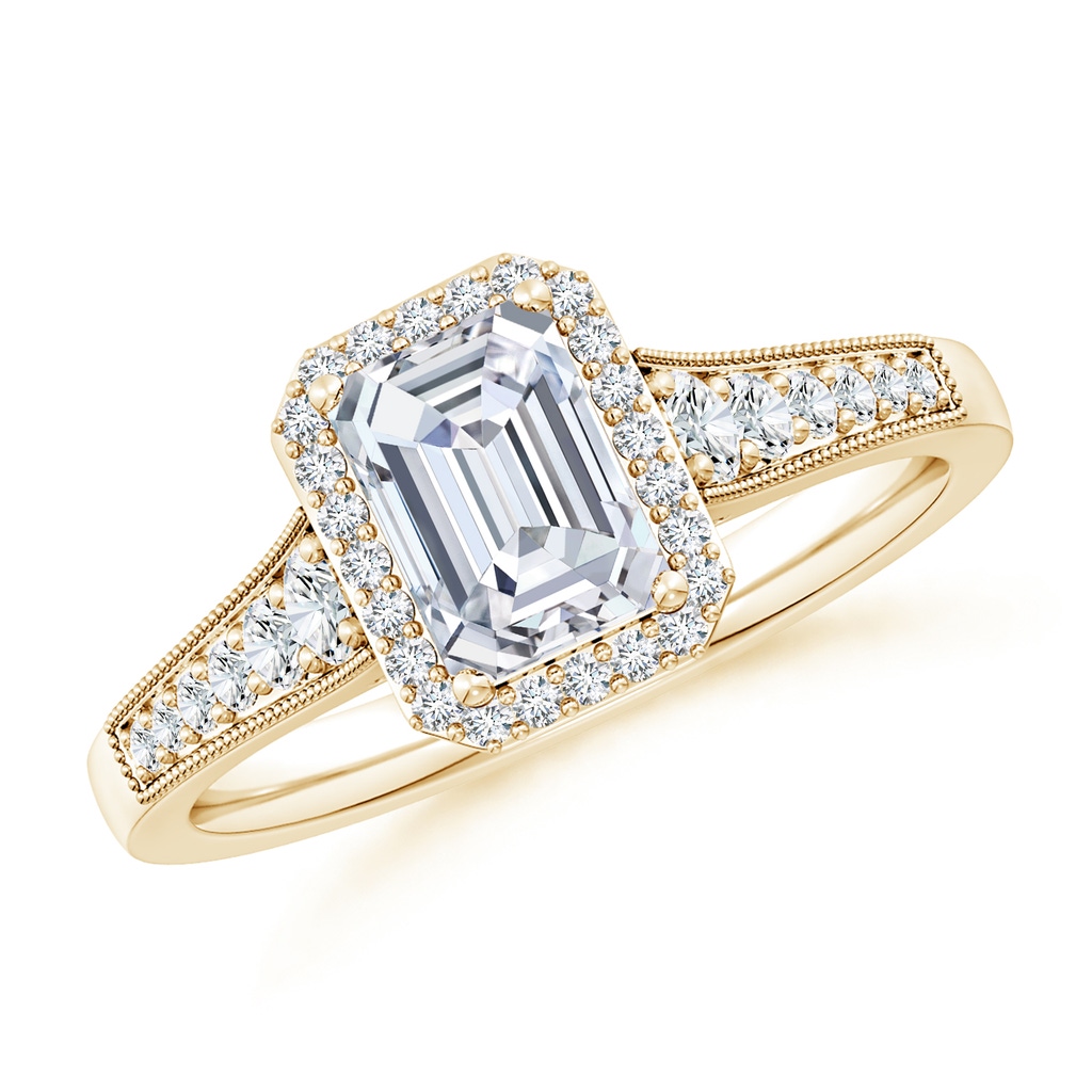 7x5mm FGVS Lab-Grown Emerald-Cut Diamond Halo Engagement Ring with Milgrain in Yellow Gold