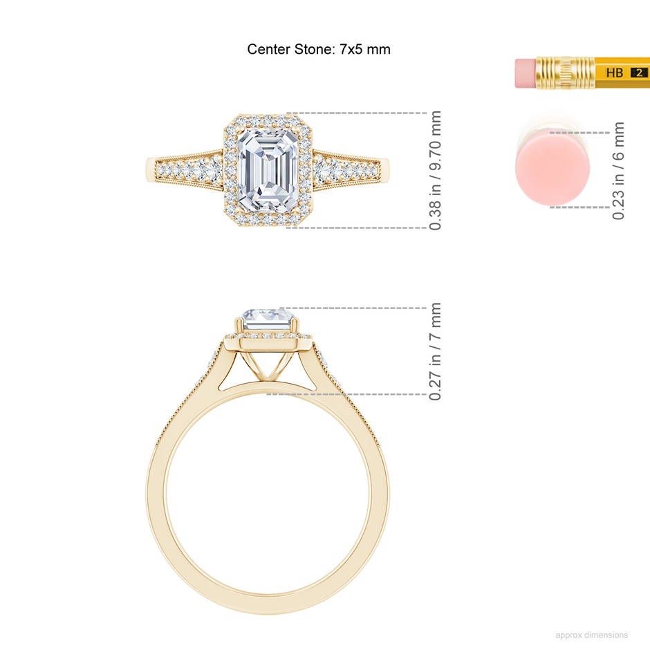 7x5mm FGVS Lab-Grown Emerald-Cut Diamond Halo Engagement Ring with Milgrain in Yellow Gold ruler