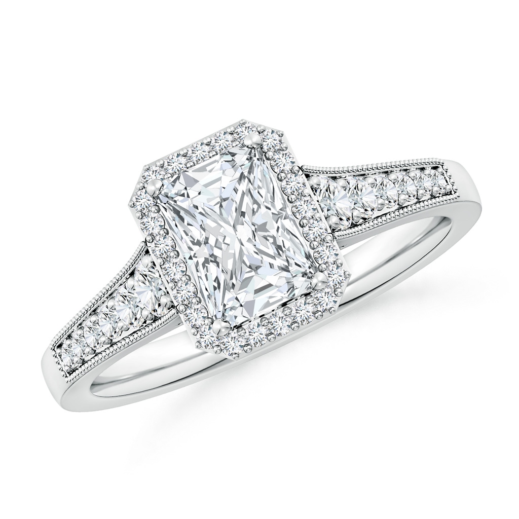 7x5mm FGVS Lab-Grown Radiant-Cut Diamond Halo Engagement Ring with Milgrain in White Gold