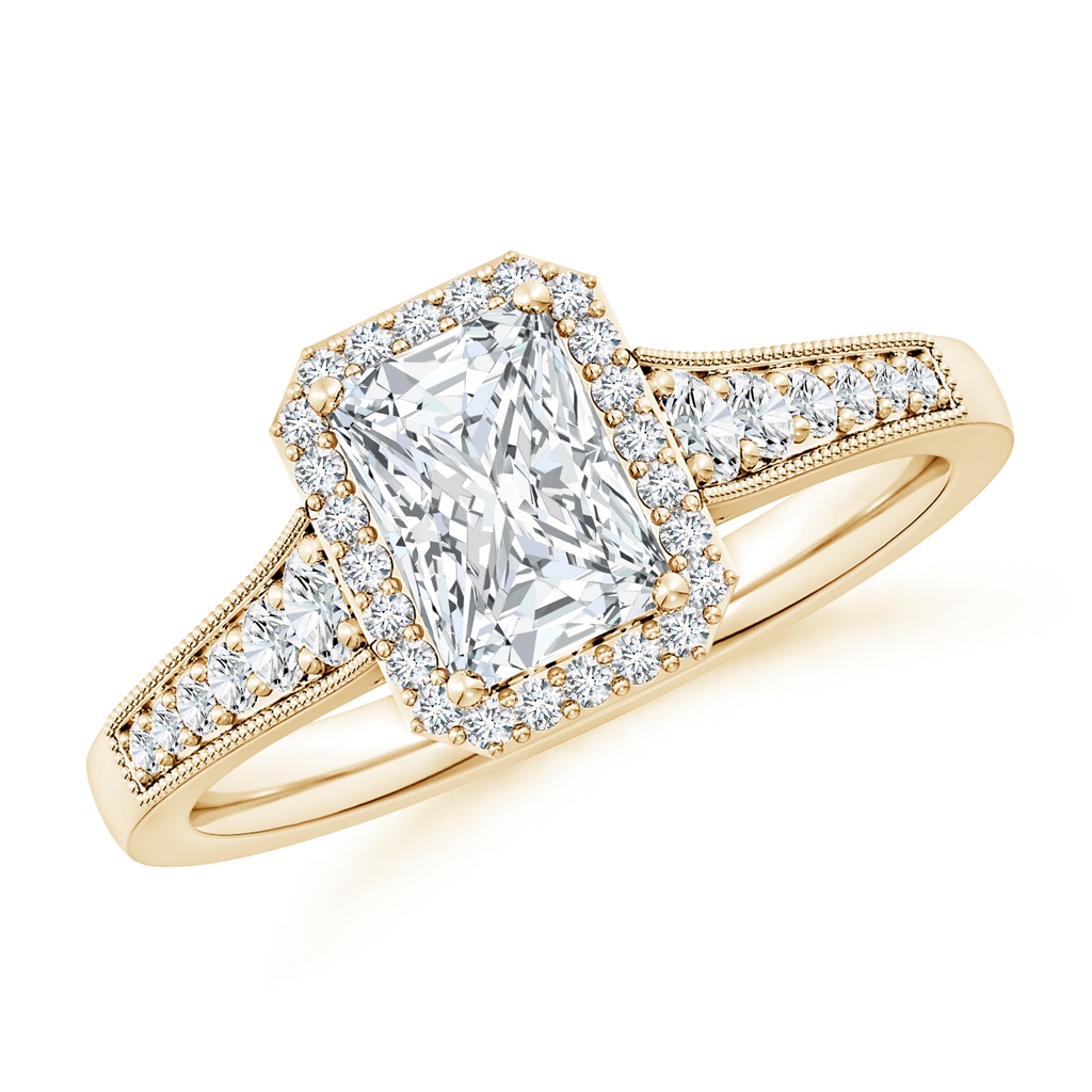 7x5mm FGVS Lab-Grown Radiant-Cut Diamond Halo Engagement Ring with Milgrain in Yellow Gold