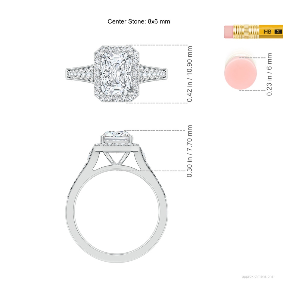 8x6mm FGVS Lab-Grown Radiant-Cut Diamond Halo Engagement Ring with Milgrain in P950 Platinum ruler
