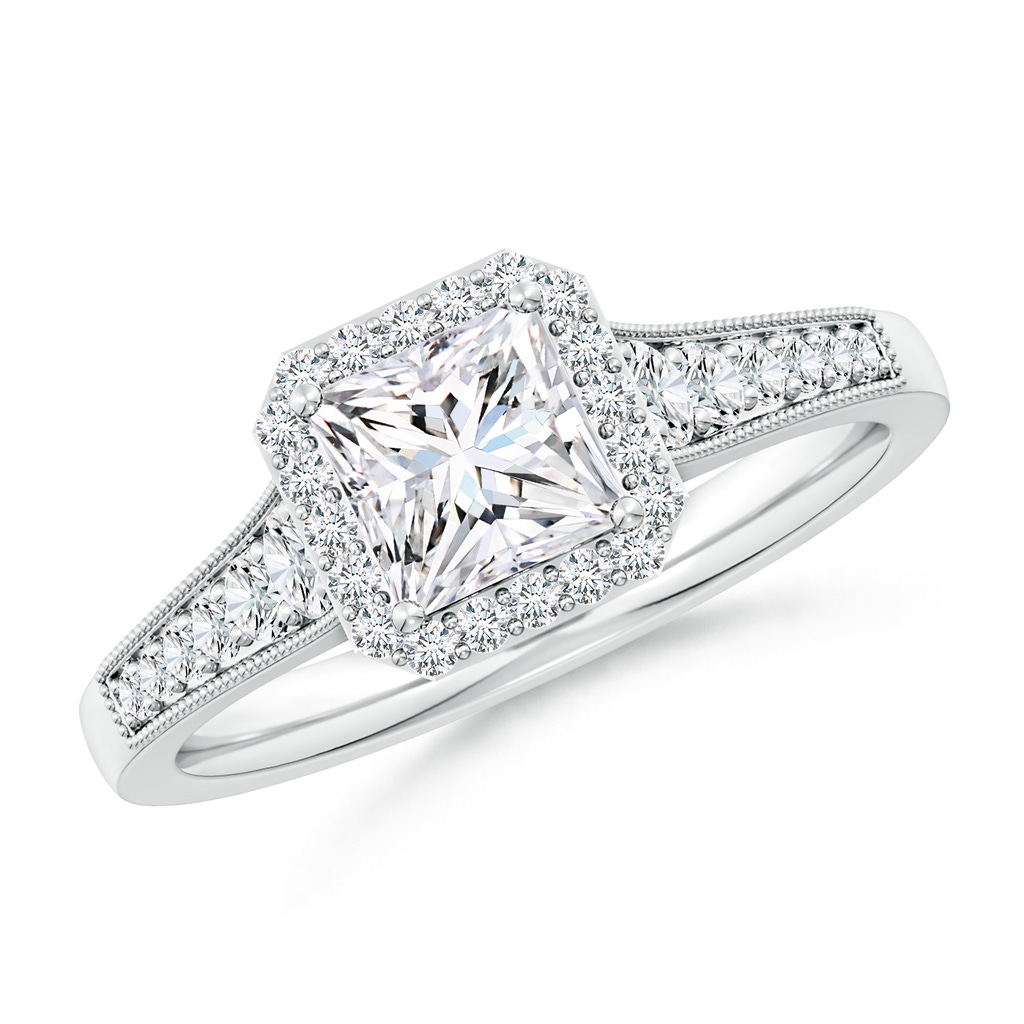 5.5mm FGVS Lab-Grown Princess-Cut Diamond Halo Engagement Ring with Milgrain in White Gold