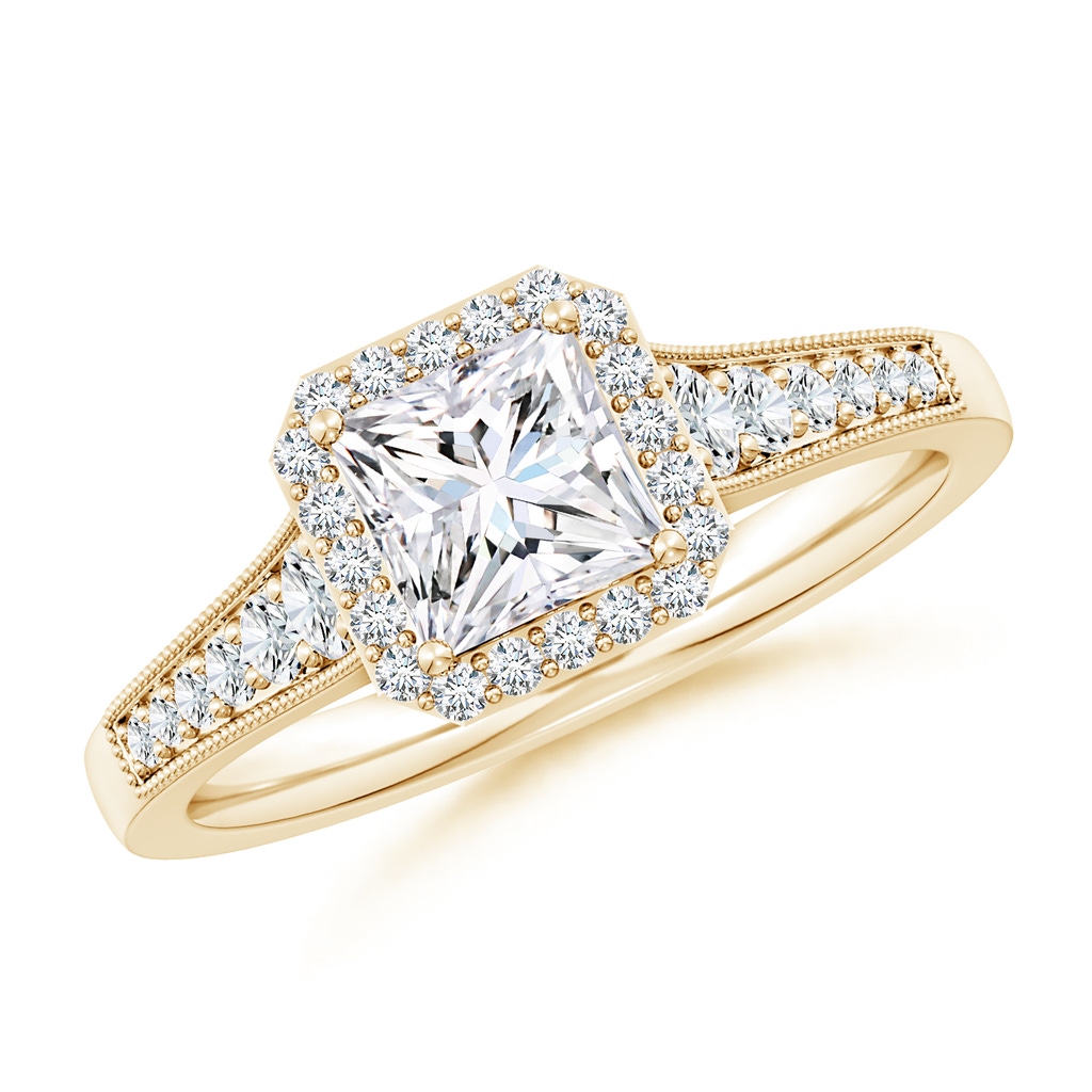 5.5mm FGVS Lab-Grown Princess-Cut Diamond Halo Engagement Ring with Milgrain in Yellow Gold