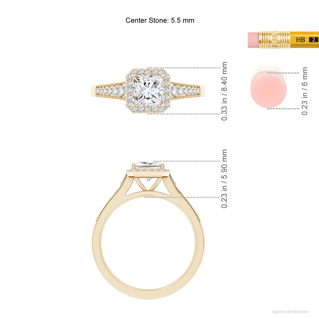 5.5mm FGVS Lab-Grown Princess-Cut Diamond Halo Engagement Ring with Milgrain in Yellow Gold ruler