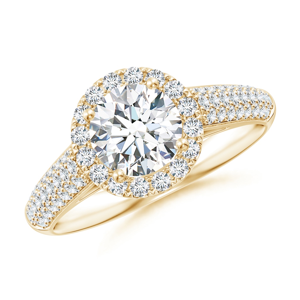 6.5mm FGVS Lab-Grown Round Diamond Halo Engagement Ring with Pave-Set Accents in Yellow Gold