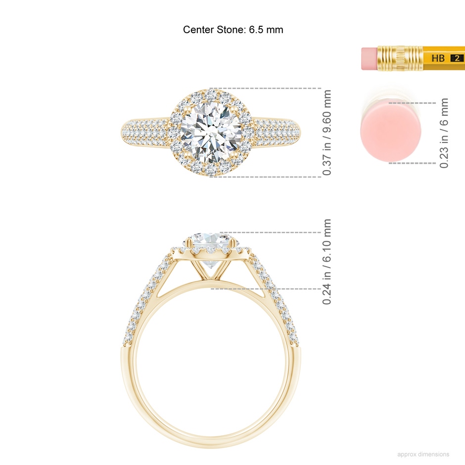 6.5mm FGVS Lab-Grown Round Diamond Halo Engagement Ring with Pave-Set Accents in Yellow Gold ruler