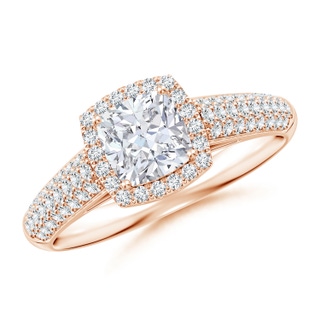 5.5mm FGVS Lab-Grown Cushion Diamond Halo Engagement Ring with Pave-Set Accents in 9K Rose Gold