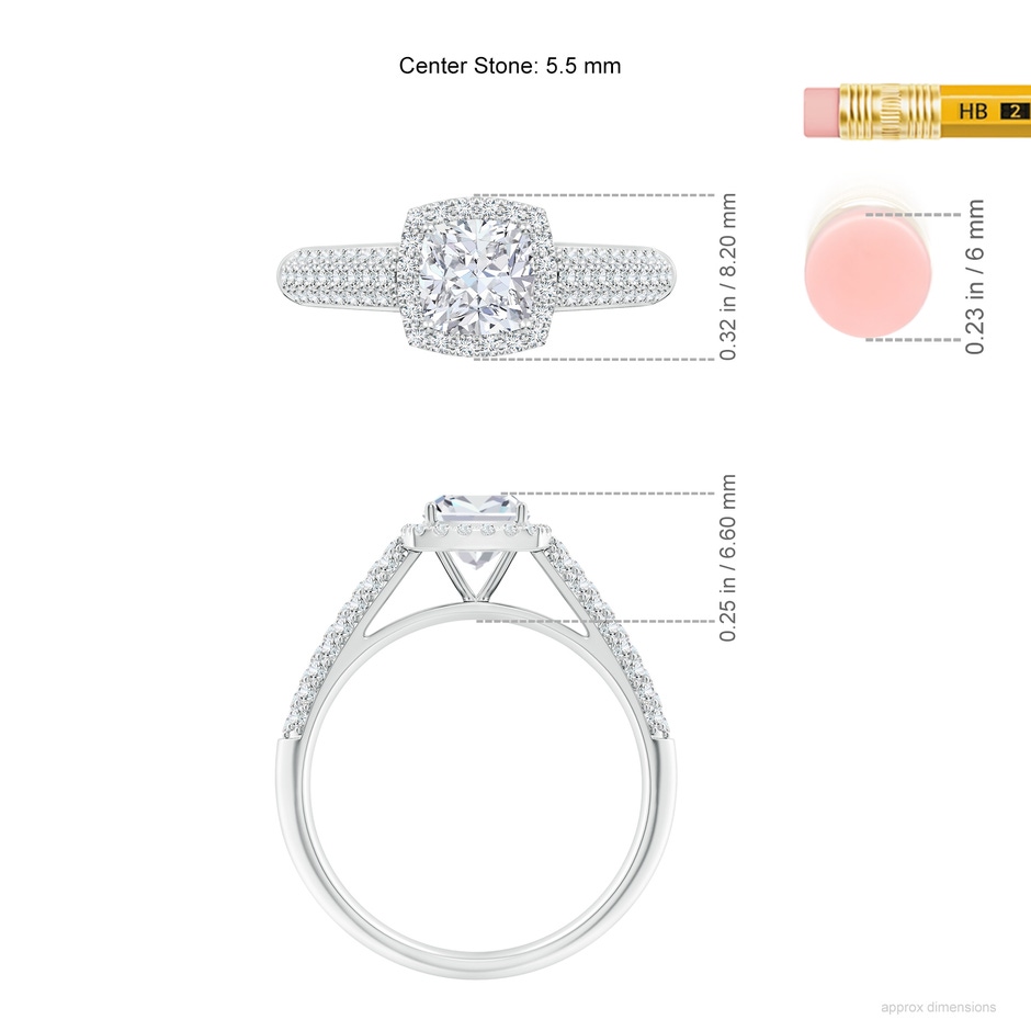 5.5mm FGVS Lab-Grown Cushion Diamond Halo Engagement Ring with Pave-Set Accents in White Gold ruler