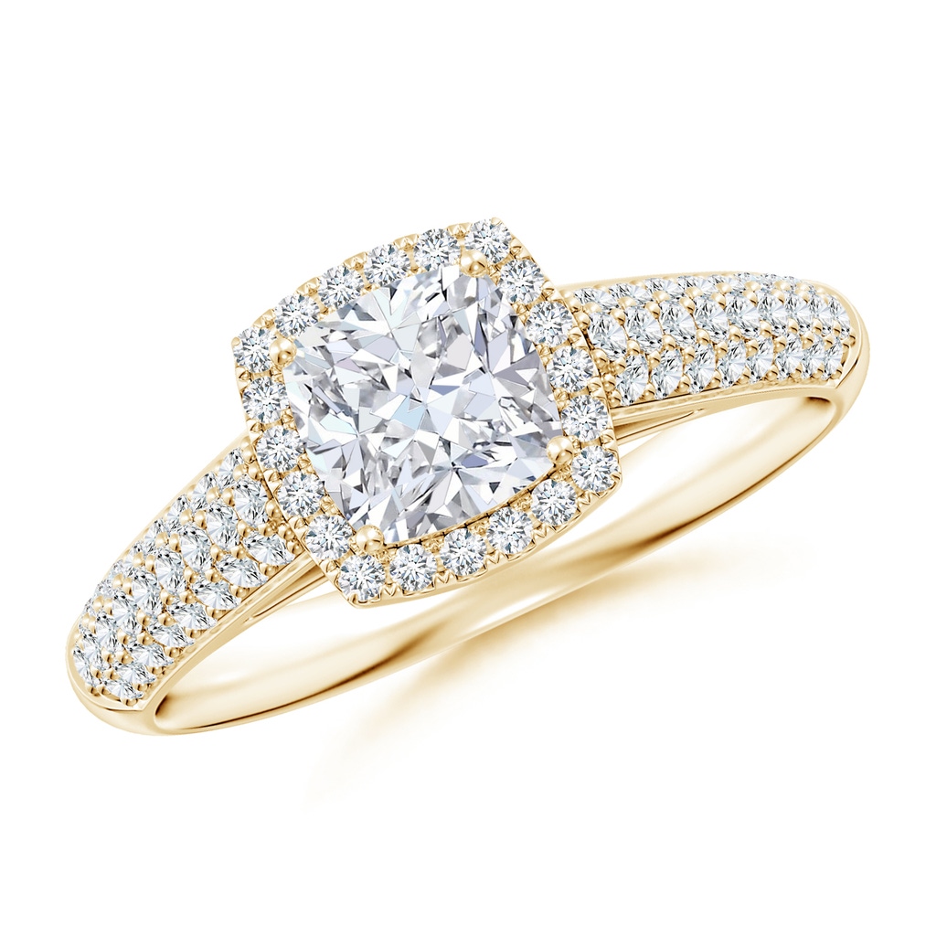 5.5mm FGVS Lab-Grown Cushion Diamond Halo Engagement Ring with Pave-Set Accents in Yellow Gold
