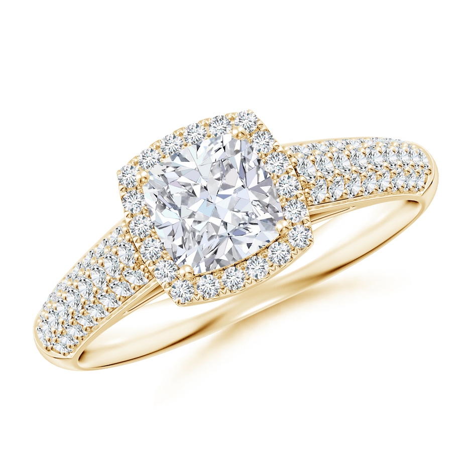 5.5mm FGVS Lab-Grown Cushion Diamond Halo Engagement Ring with Pave-Set Accents in Yellow Gold 