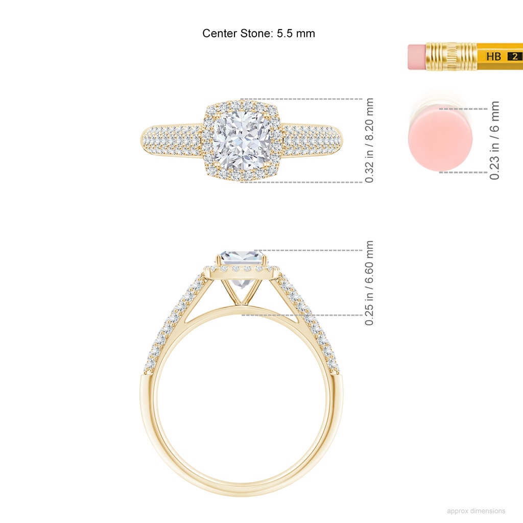 5.5mm FGVS Lab-Grown Cushion Diamond Halo Engagement Ring with Pave-Set Accents in Yellow Gold ruler