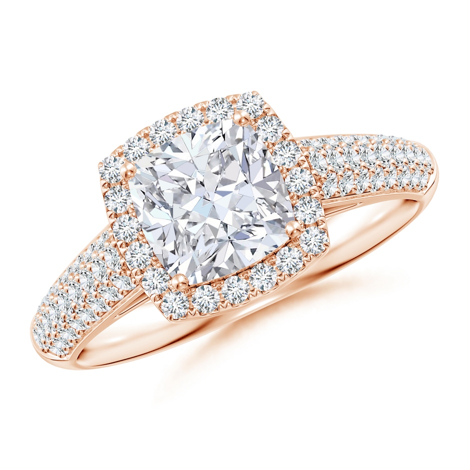 6.5mm FGVS Lab-Grown Cushion Diamond Halo Engagement Ring with Pave-Set Accents in Rose Gold 