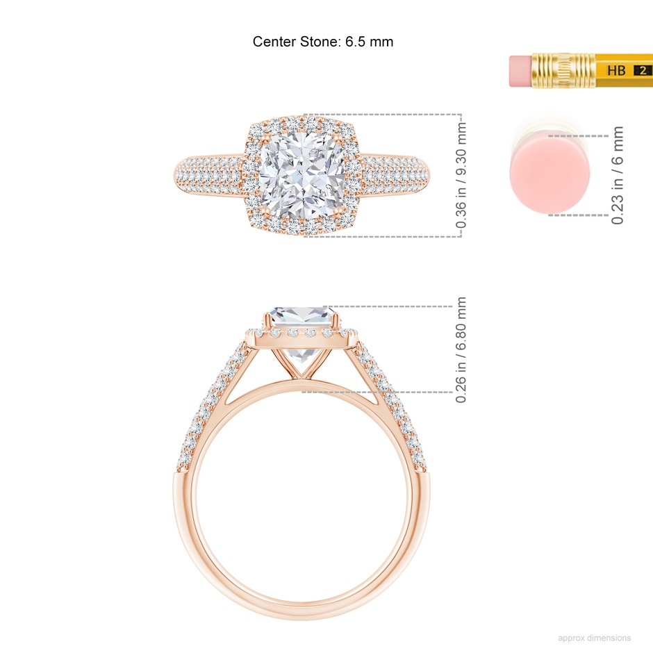 6.5mm FGVS Lab-Grown Cushion Diamond Halo Engagement Ring with Pave-Set Accents in Rose Gold ruler