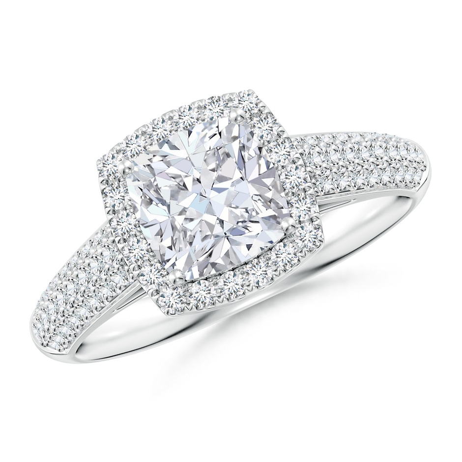 6.5mm FGVS Lab-Grown Cushion Diamond Halo Engagement Ring with Pave-Set Accents in White Gold 