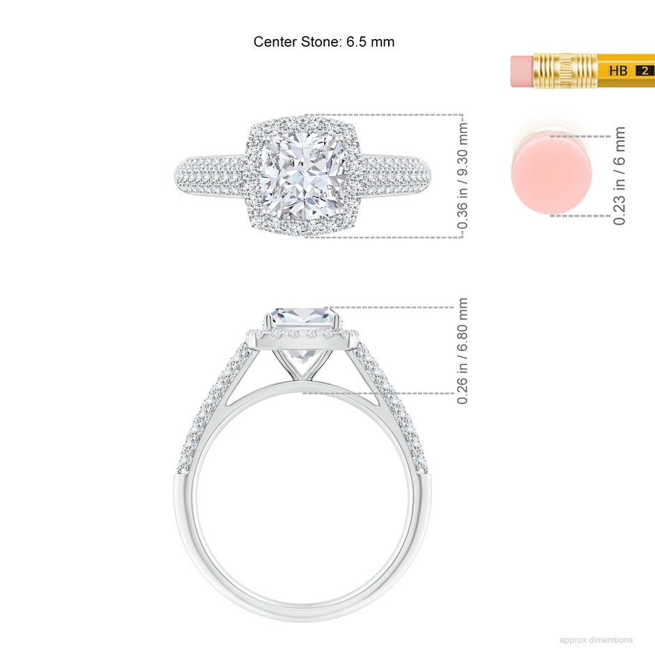 6.5mm FGVS Lab-Grown Cushion Diamond Halo Engagement Ring with Pave-Set Accents in White Gold ruler
