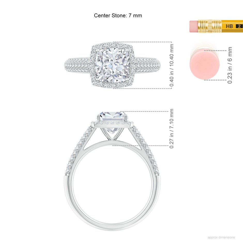 7mm FGVS Lab-Grown Cushion Diamond Halo Engagement Ring with Pave-Set Accents in 18K White Gold ruler