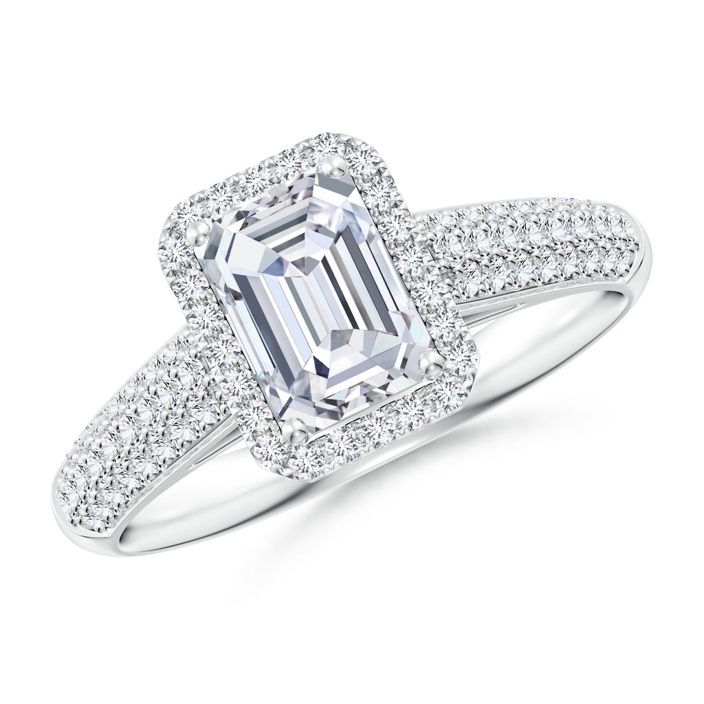 7x5mm FGVS Lab-Grown Emerald-Cut Diamond Halo Engagement Ring with Pave-Set Accents in 18K White Gold