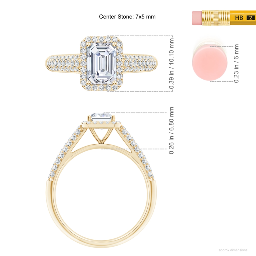 7x5mm FGVS Lab-Grown Emerald-Cut Diamond Halo Engagement Ring with Pave-Set Accents in Yellow Gold ruler