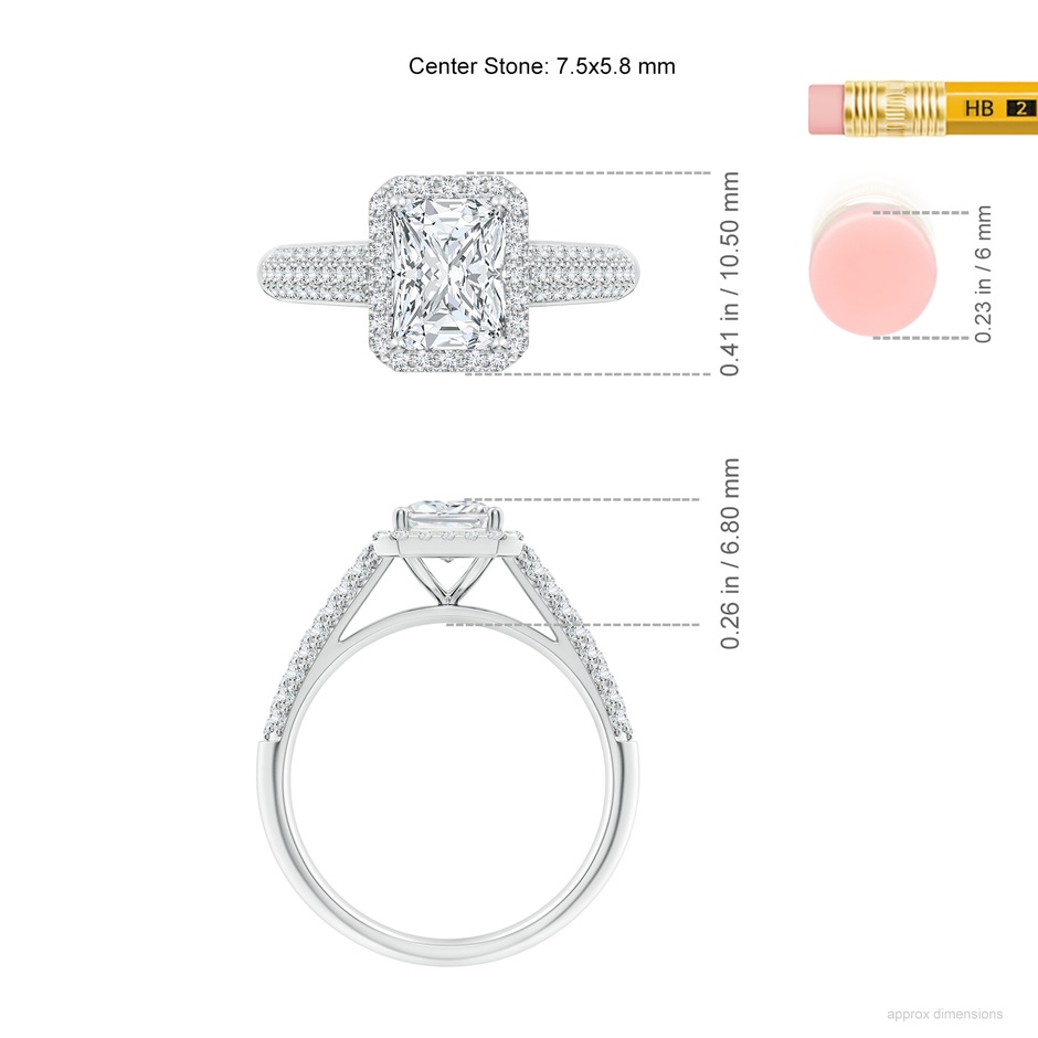 7.5x5.8mm FGVS Lab-Grown Radiant-Cut Diamond Halo Engagement Ring with Pave-Set Accents in White Gold ruler