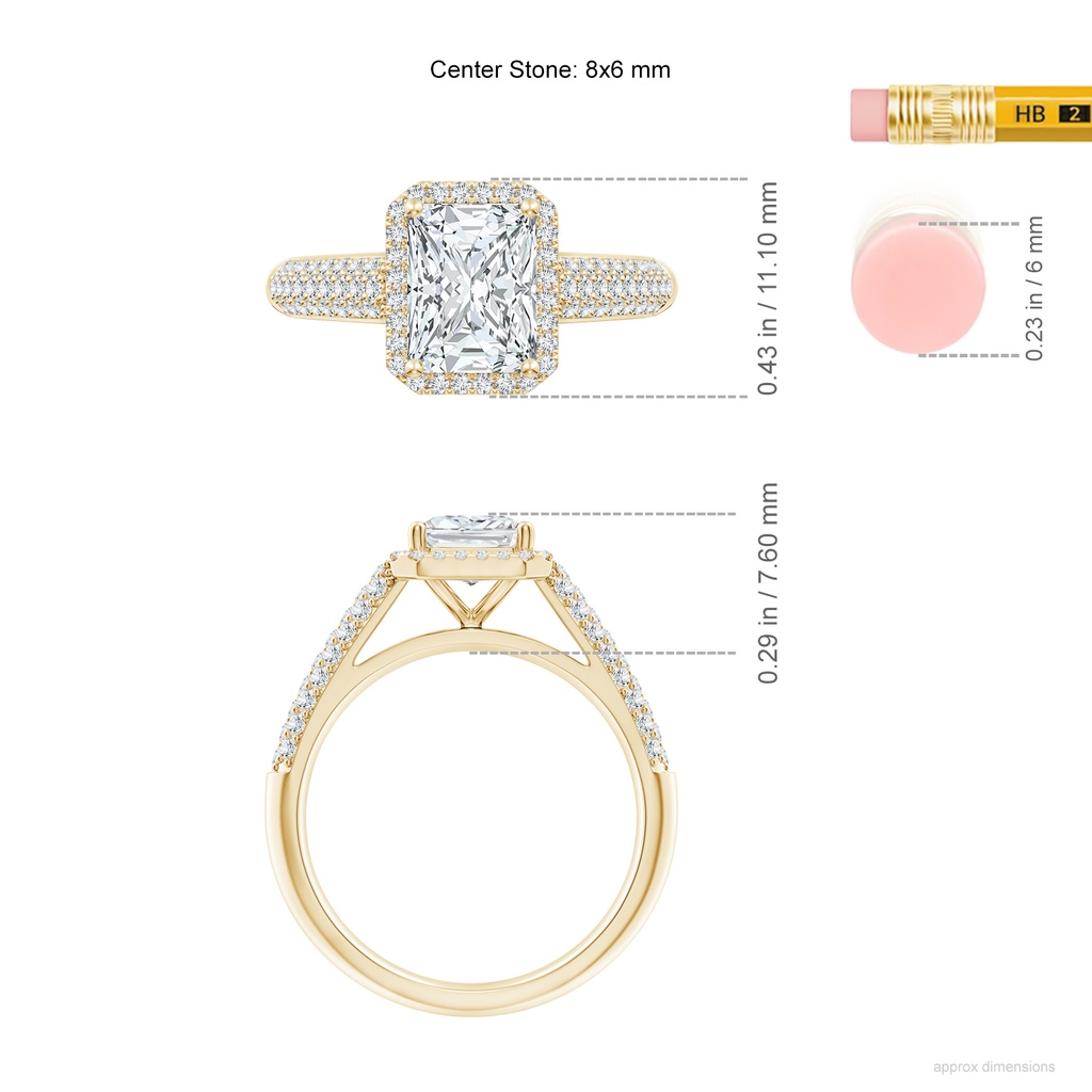8x6mm FGVS Lab-Grown Radiant-Cut Diamond Halo Engagement Ring with Pave-Set Accents in 10K Yellow Gold ruler