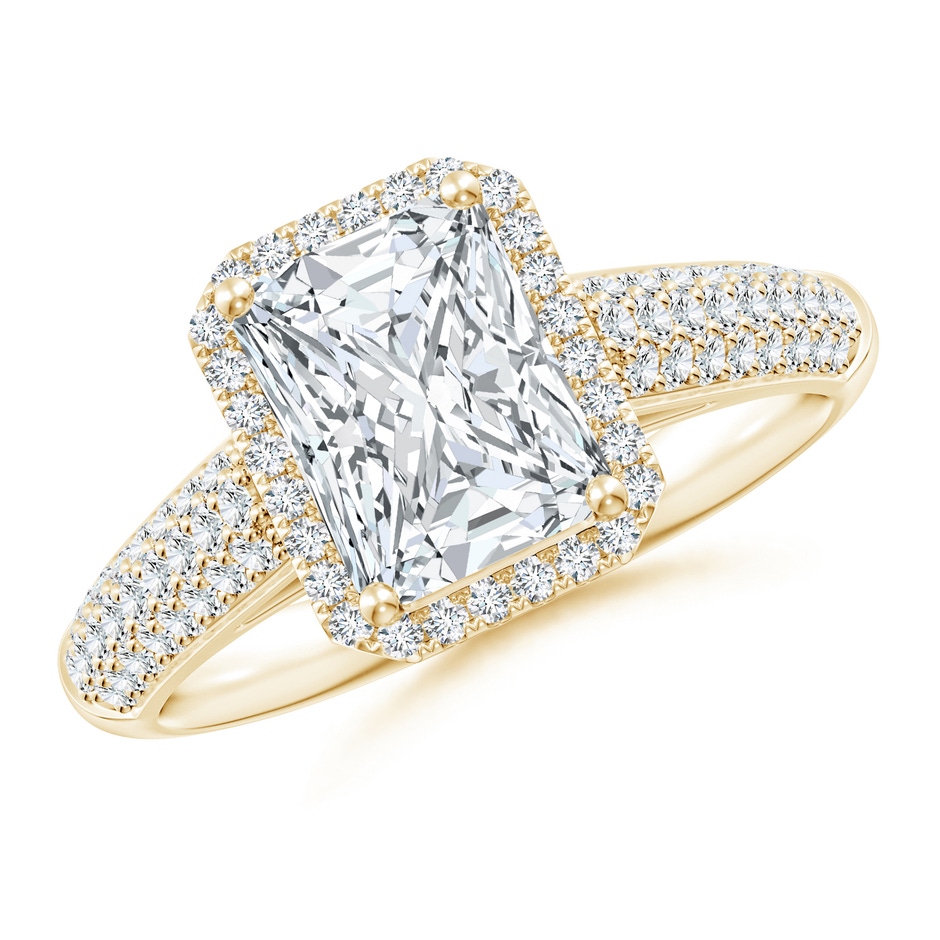 8x6mm FGVS Lab-Grown Radiant-Cut Diamond Halo Engagement Ring with Pave-Set Accents in Yellow Gold 