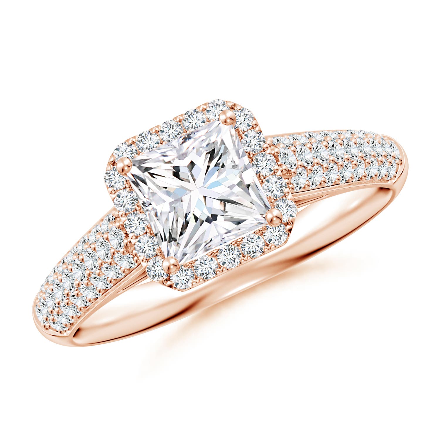 5.5mm FGVS Lab-Grown Princess-Cut Diamond Halo Engagement Ring with Pave-Set Accents in Rose Gold