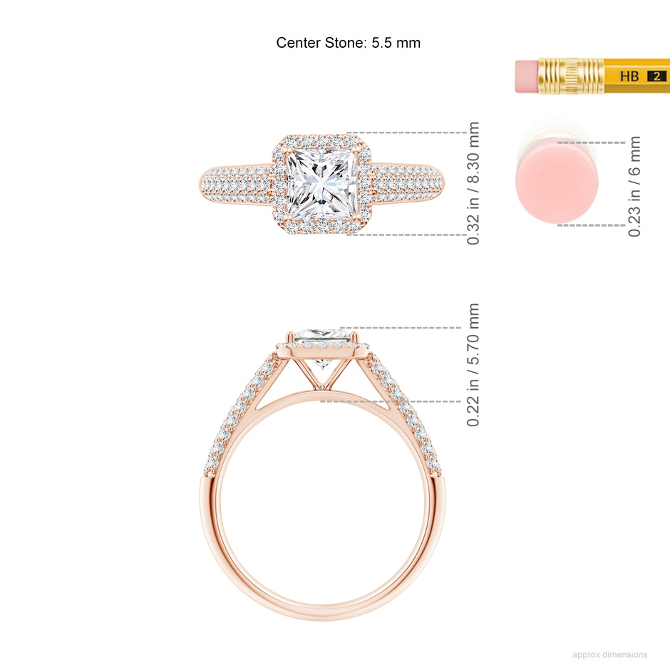 5.5mm FGVS Lab-Grown Princess-Cut Diamond Halo Engagement Ring with Pave-Set Accents in Rose Gold ruler
