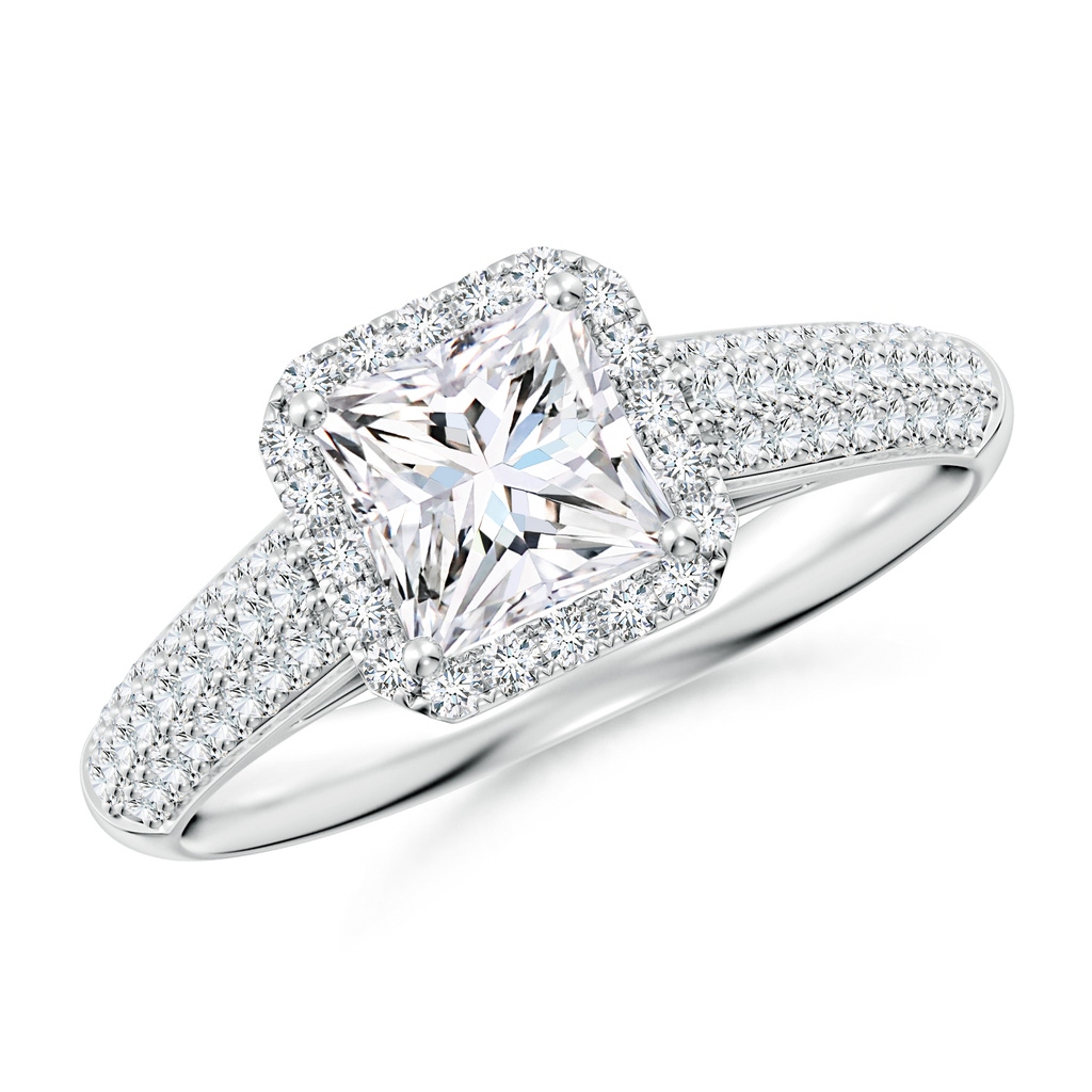 5.5mm FGVS Lab-Grown Princess-Cut Diamond Halo Engagement Ring with Pave-Set Accents in White Gold