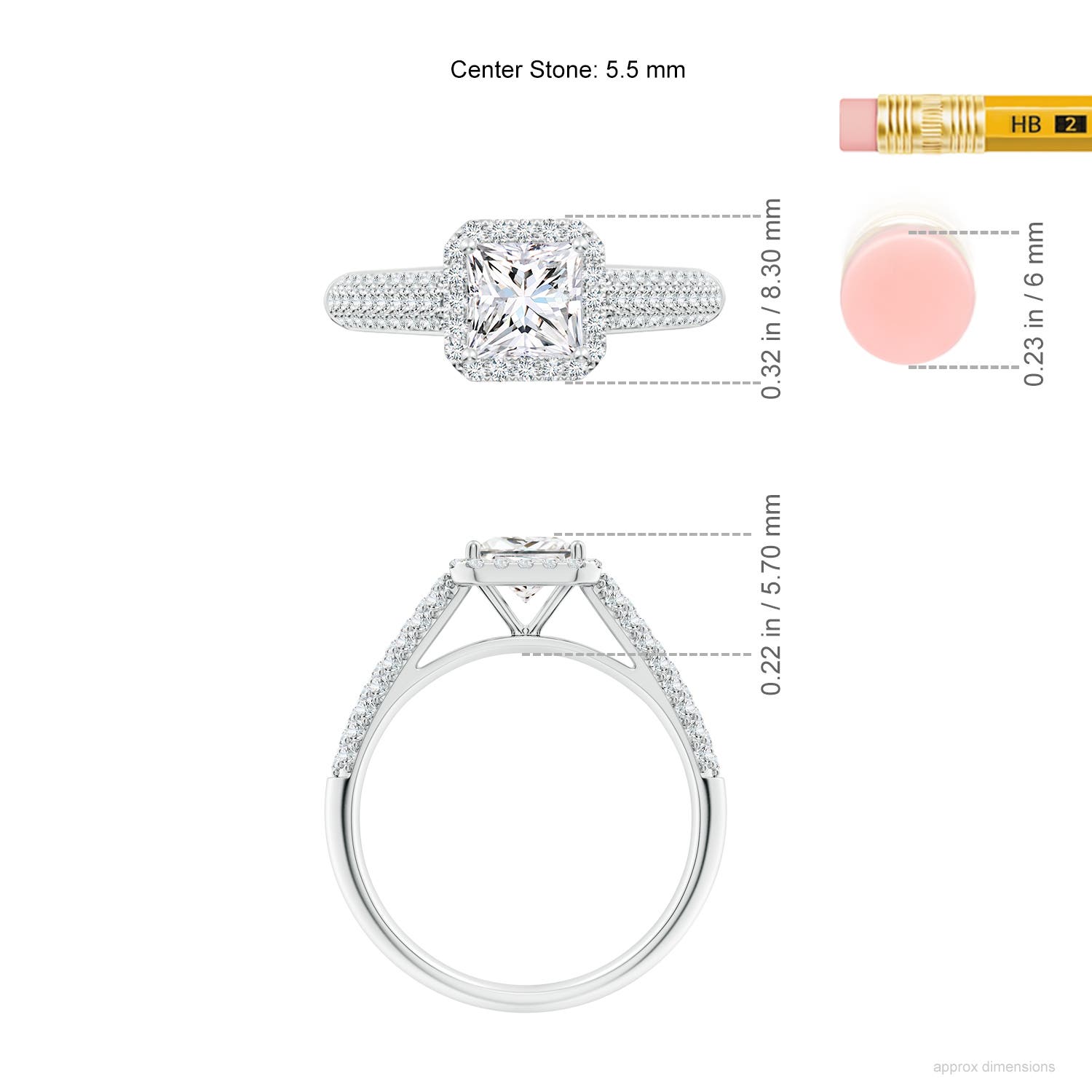 5.5mm FGVS Lab-Grown Princess-Cut Diamond Halo Engagement Ring with Pave-Set Accents in White Gold - ruler