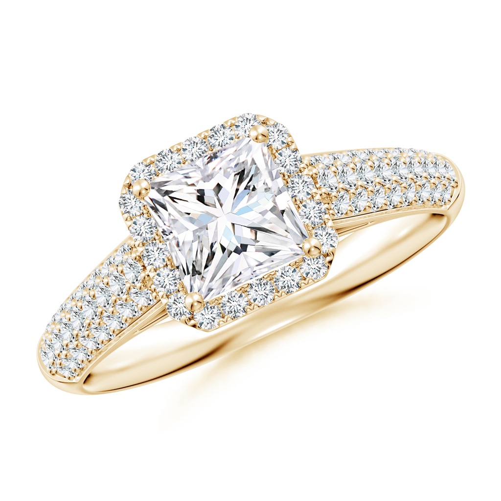 5.5mm FGVS Lab-Grown Princess-Cut Diamond Halo Engagement Ring with Pave-Set Accents in Yellow Gold