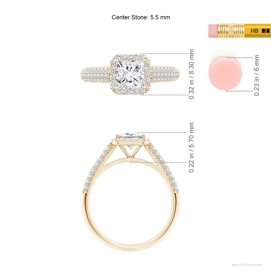 5.5mm FGVS Lab-Grown Princess-Cut Diamond Halo Engagement Ring with Pave-Set Accents in Yellow Gold ruler