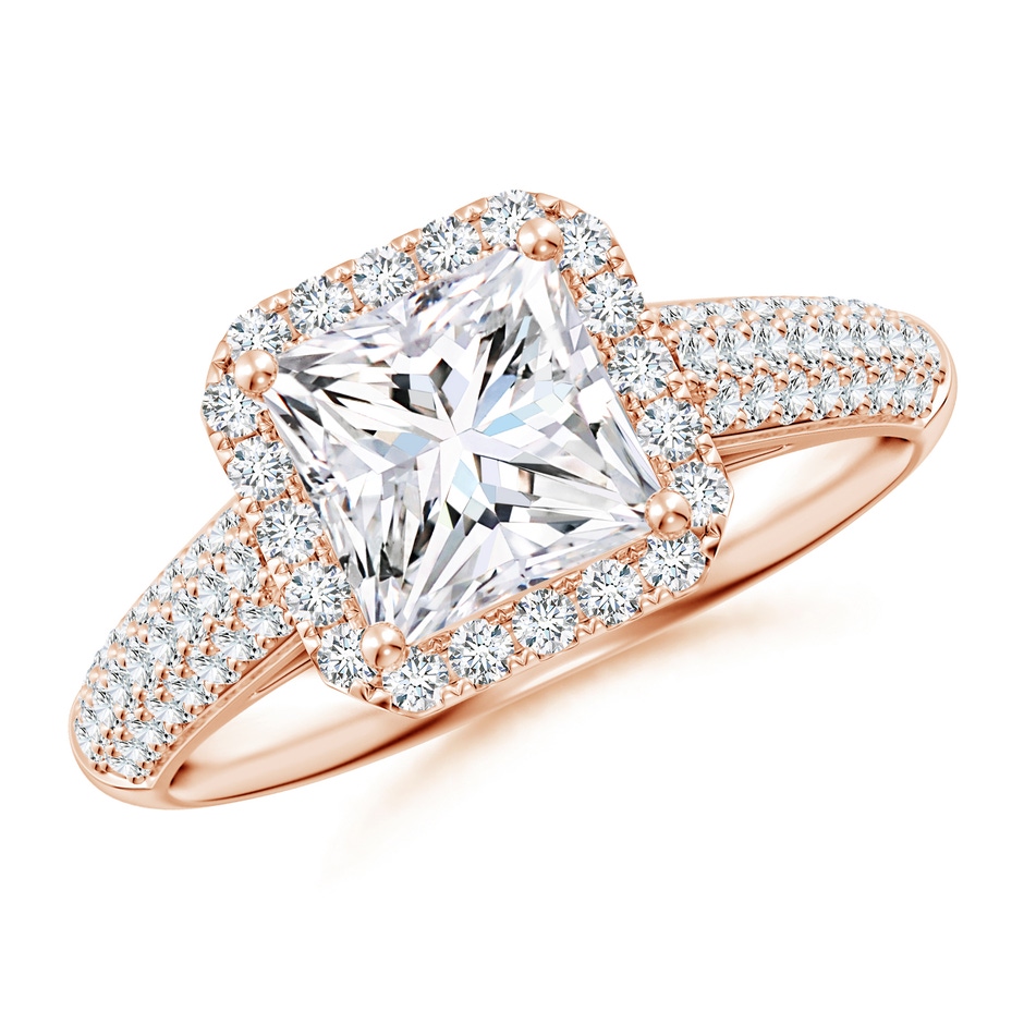 6.5mm FGVS Lab-Grown Princess-Cut Diamond Halo Engagement Ring with Pave-Set Accents in Rose Gold 
