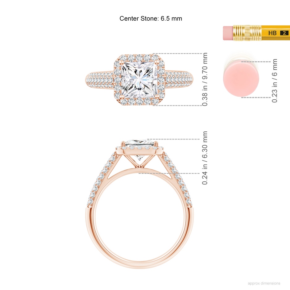 6.5mm FGVS Lab-Grown Princess-Cut Diamond Halo Engagement Ring with Pave-Set Accents in Rose Gold ruler