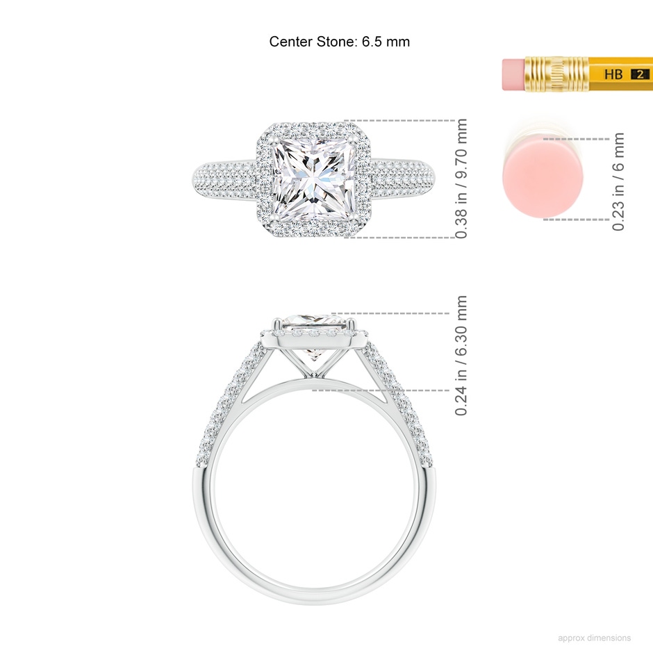 6.5mm FGVS Lab-Grown Princess-Cut Diamond Halo Engagement Ring with Pave-Set Accents in White Gold ruler