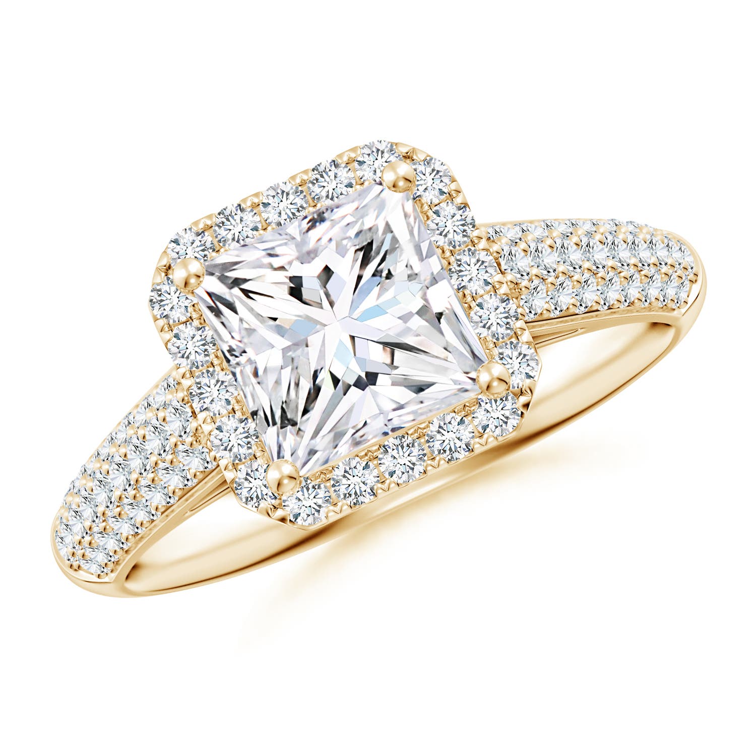6.5mm FGVS Lab-Grown Princess-Cut Diamond Halo Engagement Ring with Pave-Set Accents in Yellow Gold