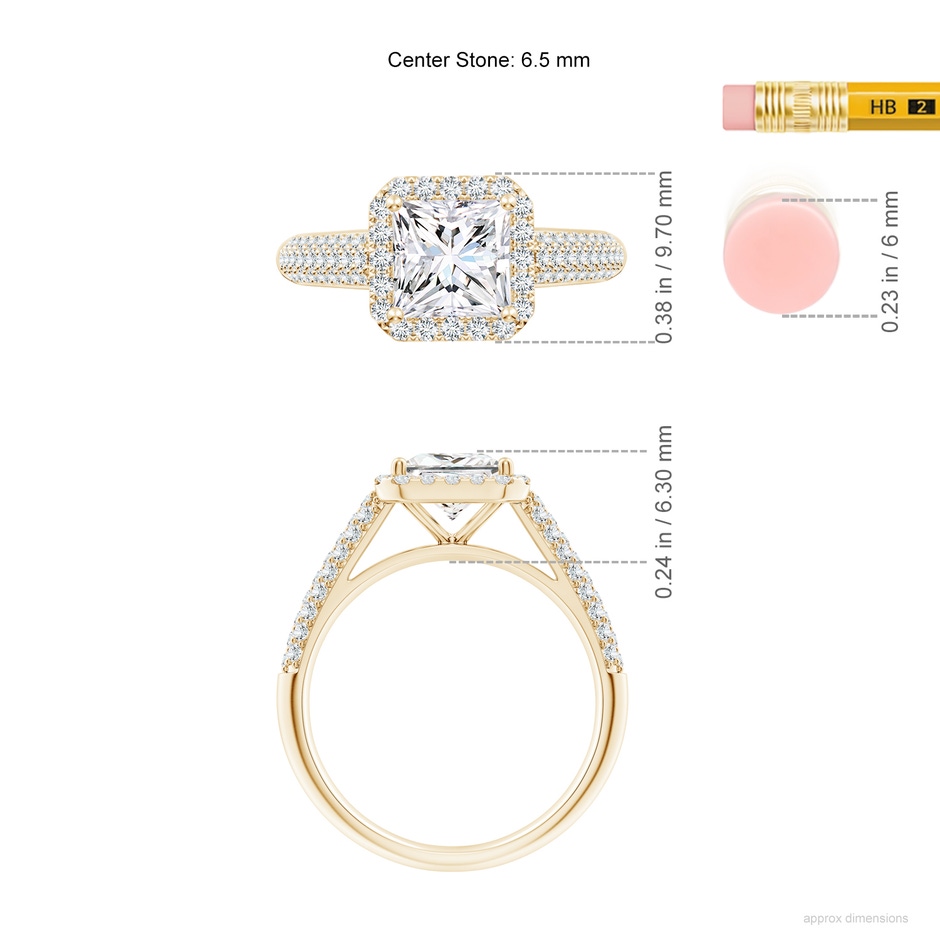 6.5mm FGVS Lab-Grown Princess-Cut Diamond Halo Engagement Ring with Pave-Set Accents in Yellow Gold ruler