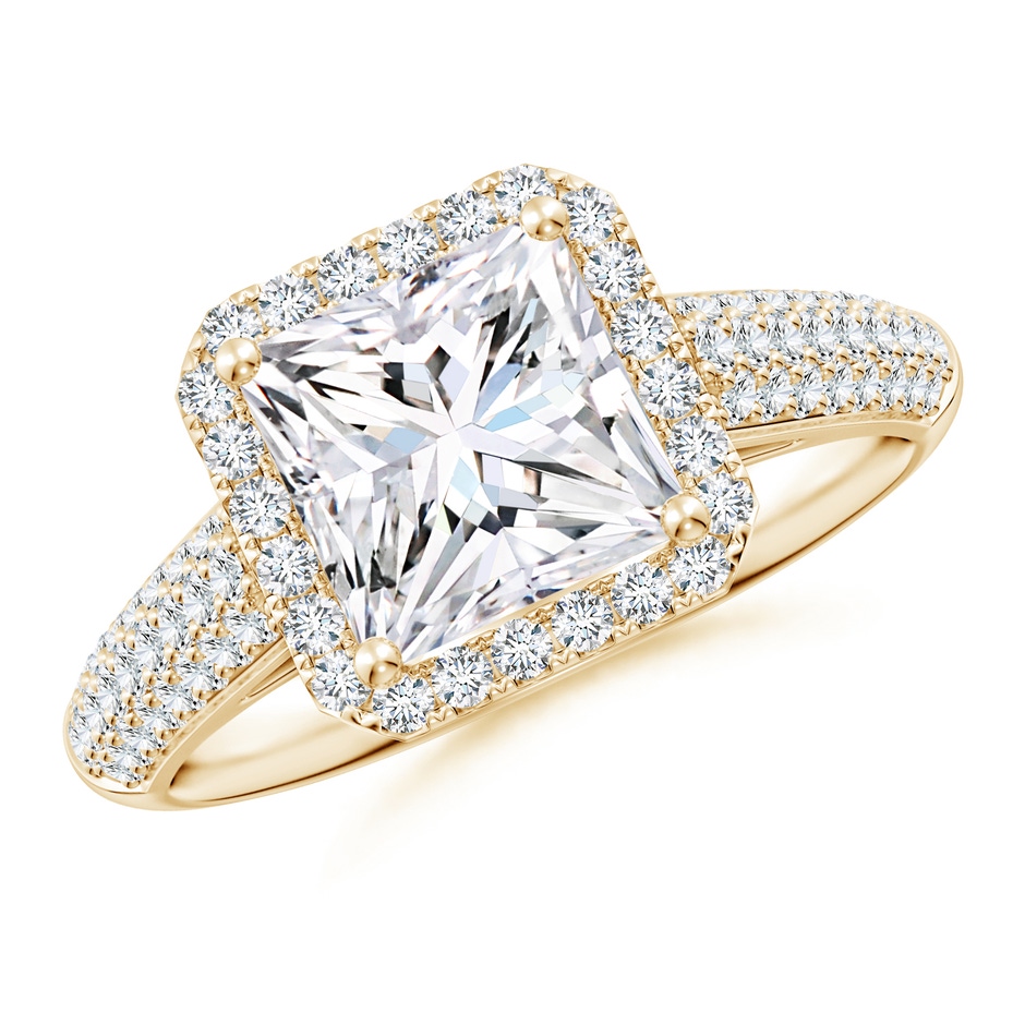 7mm FGVS Lab-Grown Princess-Cut Diamond Halo Engagement Ring with Pave-Set Accents in 18K Yellow Gold 