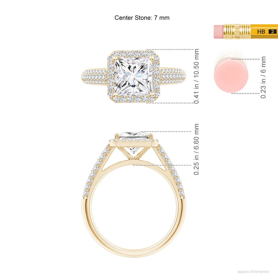 7mm FGVS Lab-Grown Princess-Cut Diamond Halo Engagement Ring with Pave-Set Accents in 18K Yellow Gold ruler