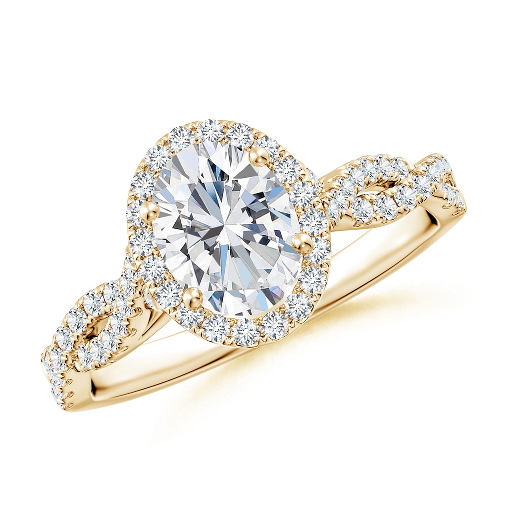 7.7x5.7mm FGVS Lab-Grown Oval Diamond Halo Twisted Shank Engagement Ring in Yellow Gold