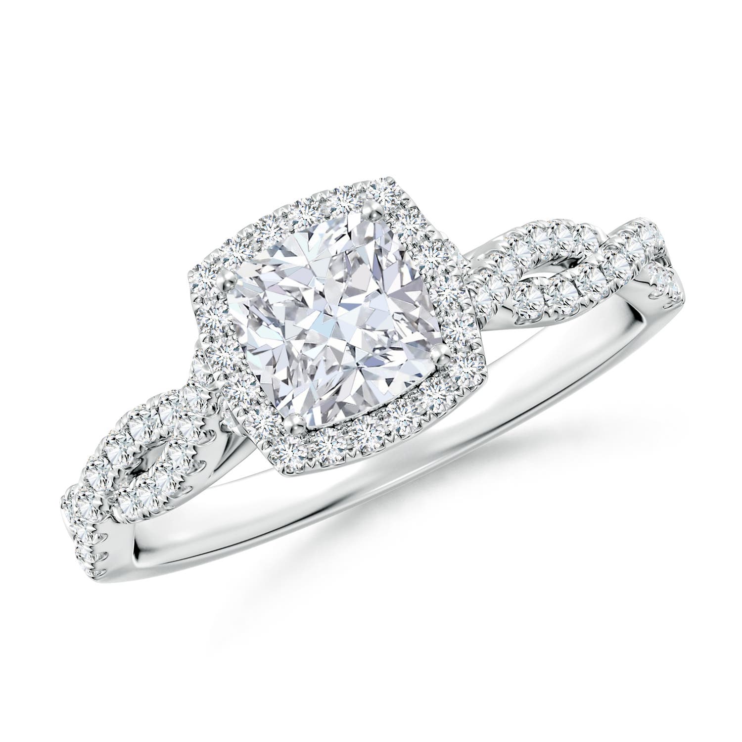 5.5mm FGVS Lab-Grown Cushion Diamond Halo Twisted Shank Engagement Ring in 18K White Gold