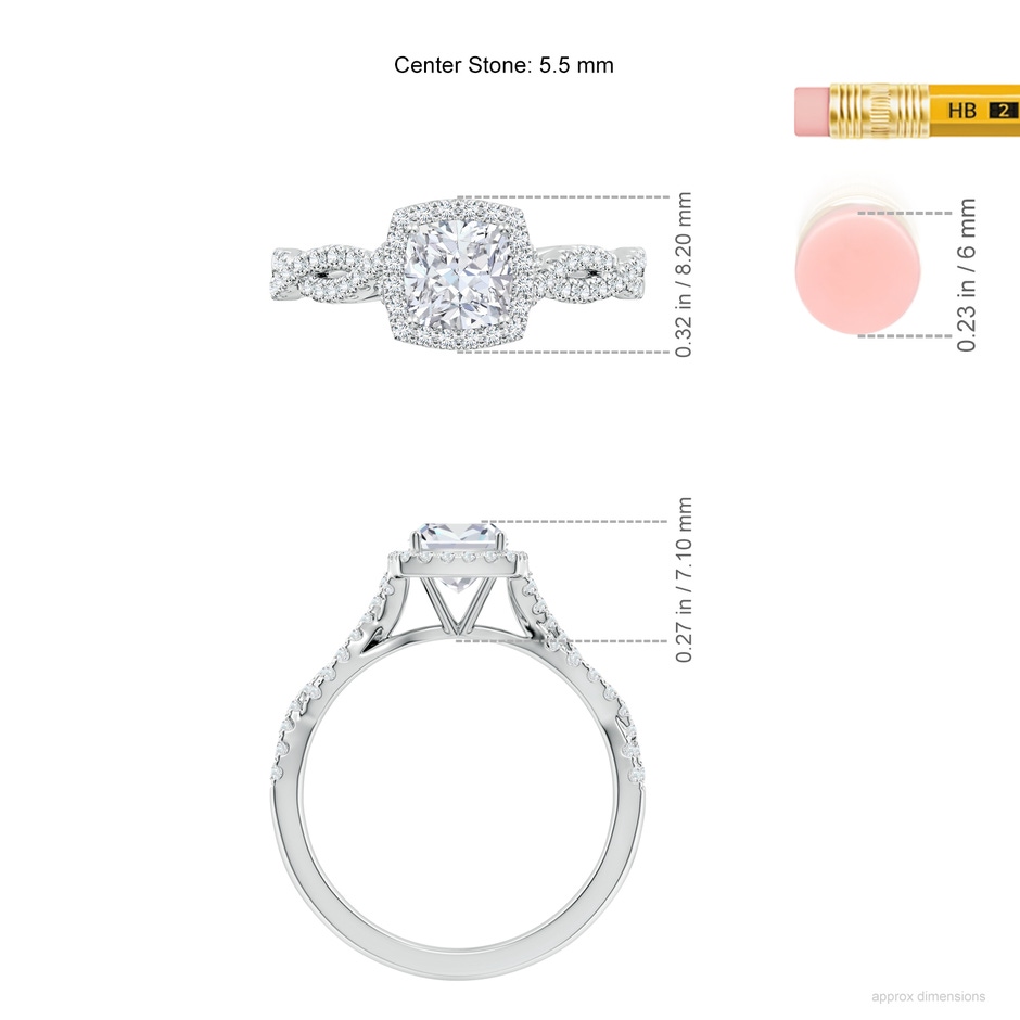 5.5mm FGVS Lab-Grown Cushion Diamond Halo Twisted Shank Engagement Ring in P950 Platinum ruler