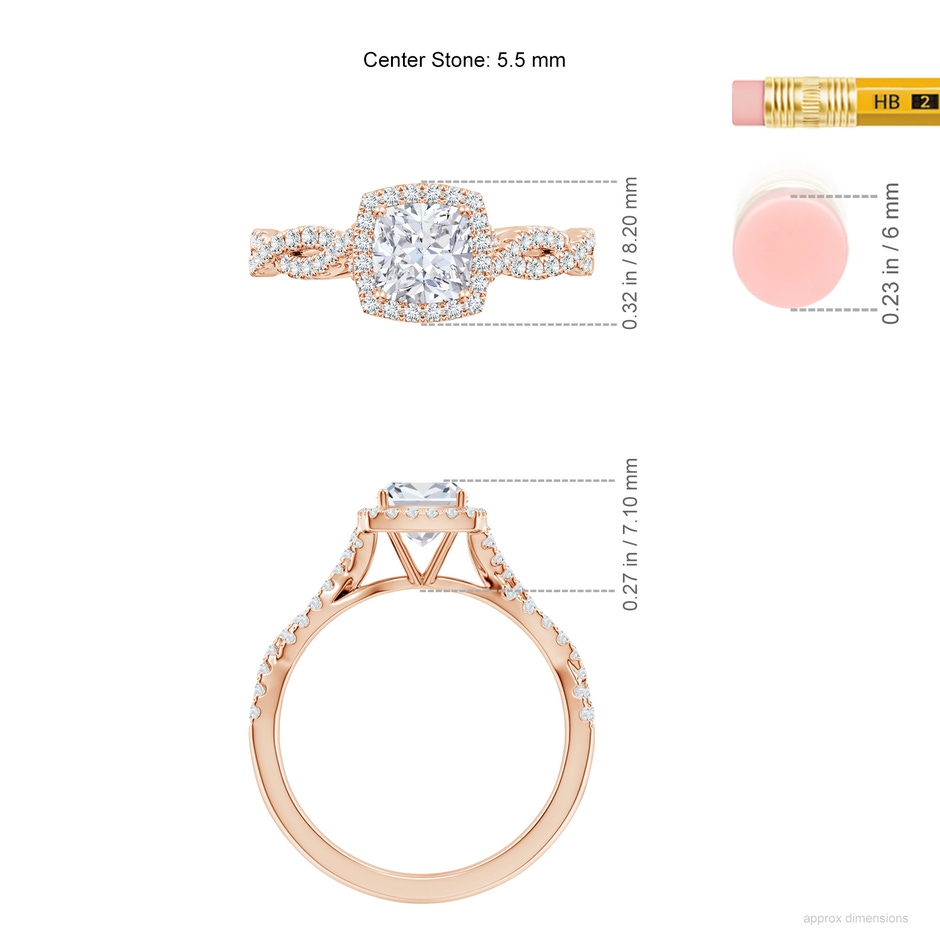 5.5mm FGVS Lab-Grown Cushion Diamond Halo Twisted Shank Engagement Ring in Rose Gold ruler